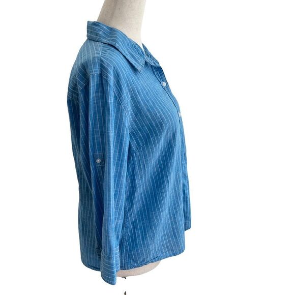 Talbots Petites Linen + Cotton Blend Blue + White Stripe 3/4 Sleeve Blouse MP - Picture 4 of 7